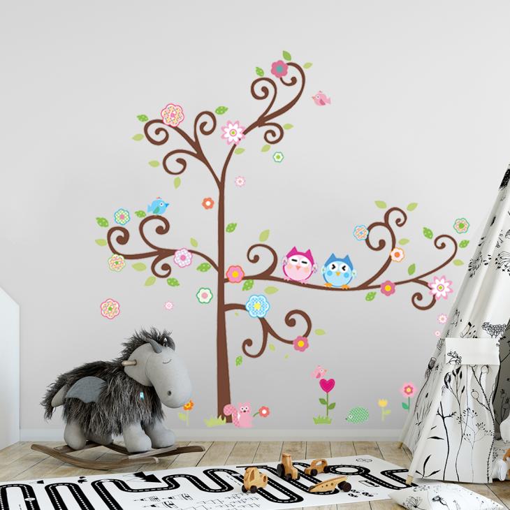 Animals wall decals - Owls on flowering tree wall decal - ambiance-sticker.com